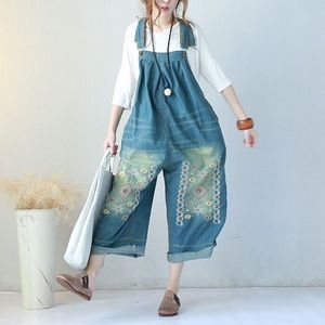 Oversize / Free Size, Flared Embroidered  Denim Jean Overalls.